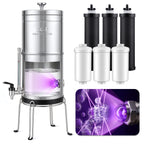 LCF UV Gravity Water Filter System, 3 Gallon Stainless Steel Countertop Purifier with Built-In UV-C, 6 Filters, Stand & Water Level Spigot
