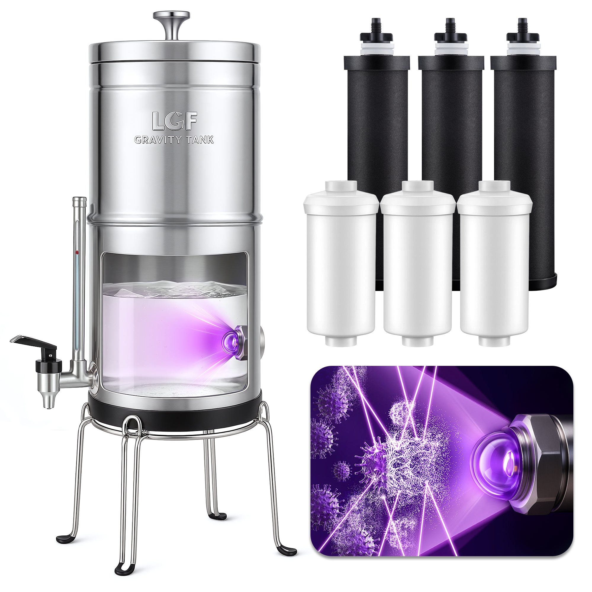 LCF UV Gravity Water Filter System, 3 Gallon Stainless Steel Countertop Purifier with Built-In UV-C, 6 Filters, Stand & Water Level Spigot
