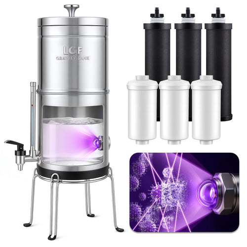 LCF UV Gravity Water Filter System, 3 Gallon Stainless Steel Countertop Purifier with Built-In UV-C, 6 Filters, Stand & Water Level Spigot