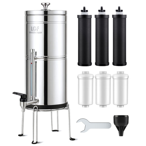LCF Gravity Water Filter System, 3 Gallon Stainless Steel Countertop Water Purifier with 6 Filters, Stand & Water Level Spigot