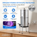 LCF UV Gravity Water Filter System, 3 Gallon Stainless Steel Countertop Purifier with Built-In UV-C, 6 Filters, Stand & Water Level Spigot