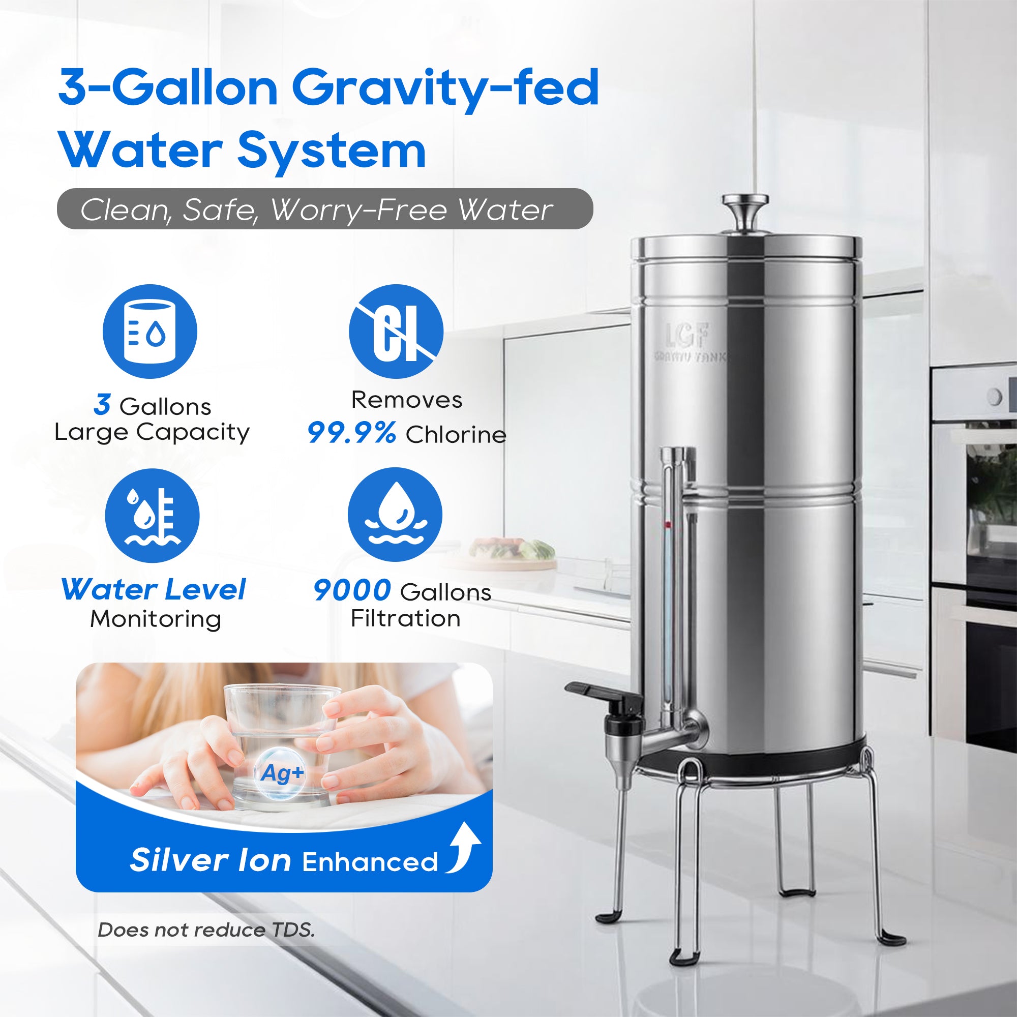 LCF Gravity Water Filter System, 3 Gallon Stainless Steel Countertop Water Purifier with 6 Filters, Stand & Water Level Spigot