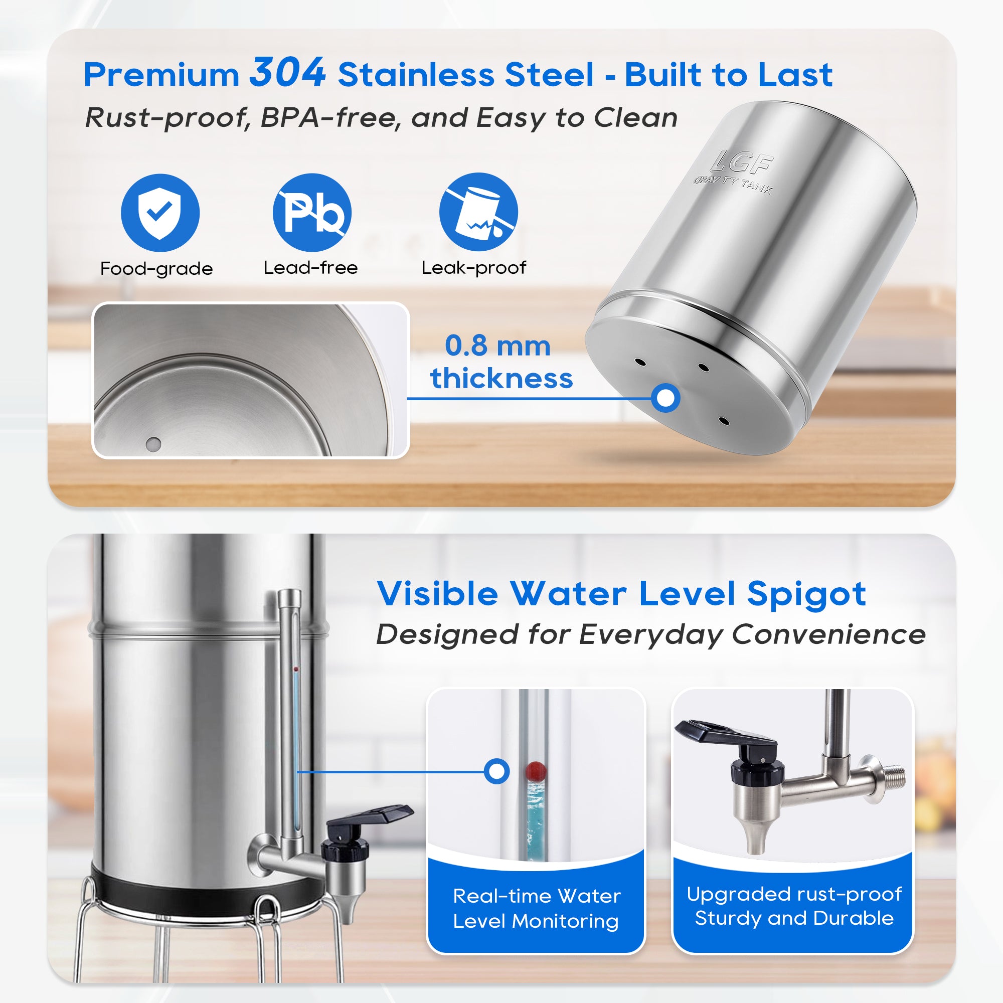 LCF Gravity Water Filter System, 3 Gallon Stainless Steel Countertop Water Purifier with 6 Filters, Stand & Water Level Spigot