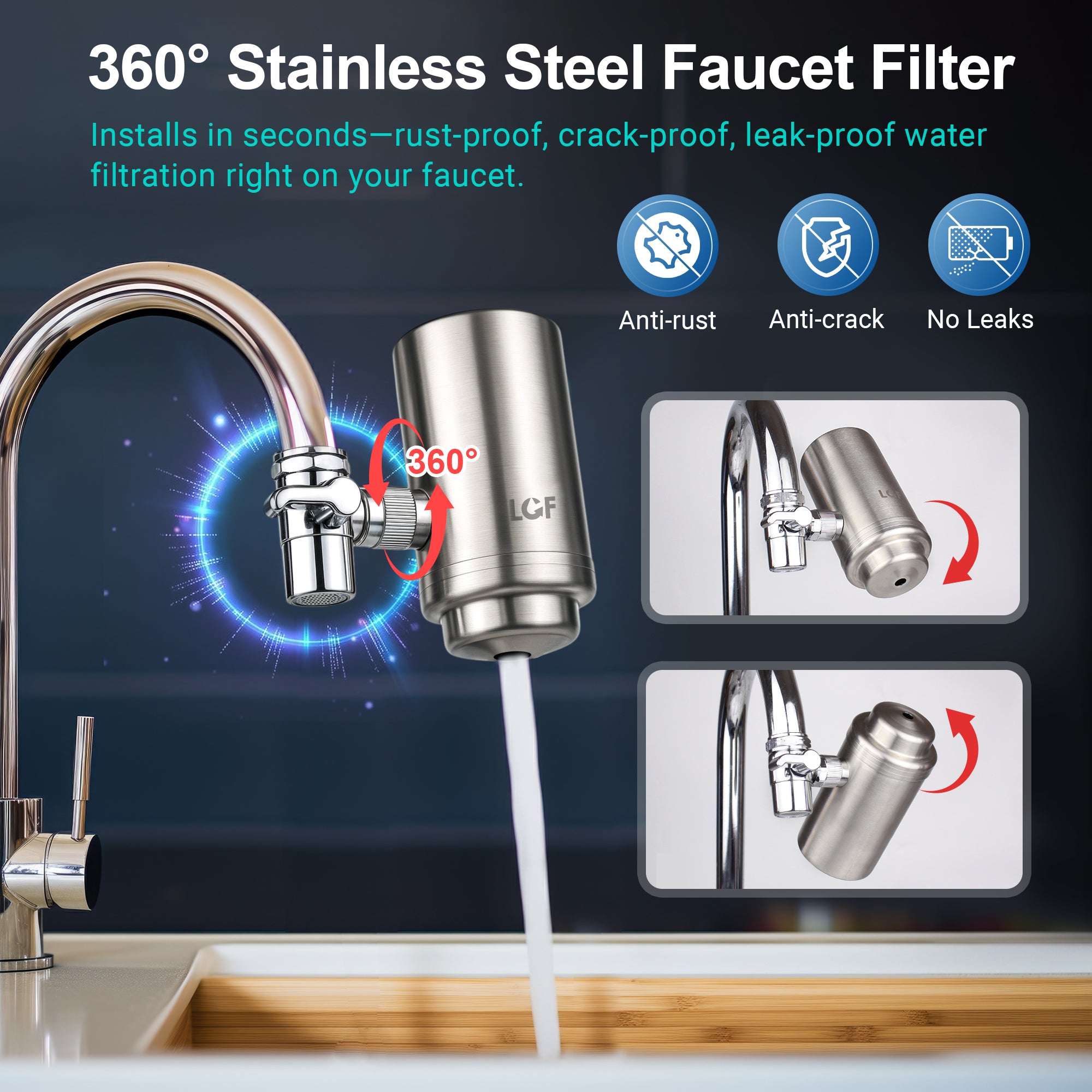 LCF 360° Rotating Stainless Steel Faucet Water Filter