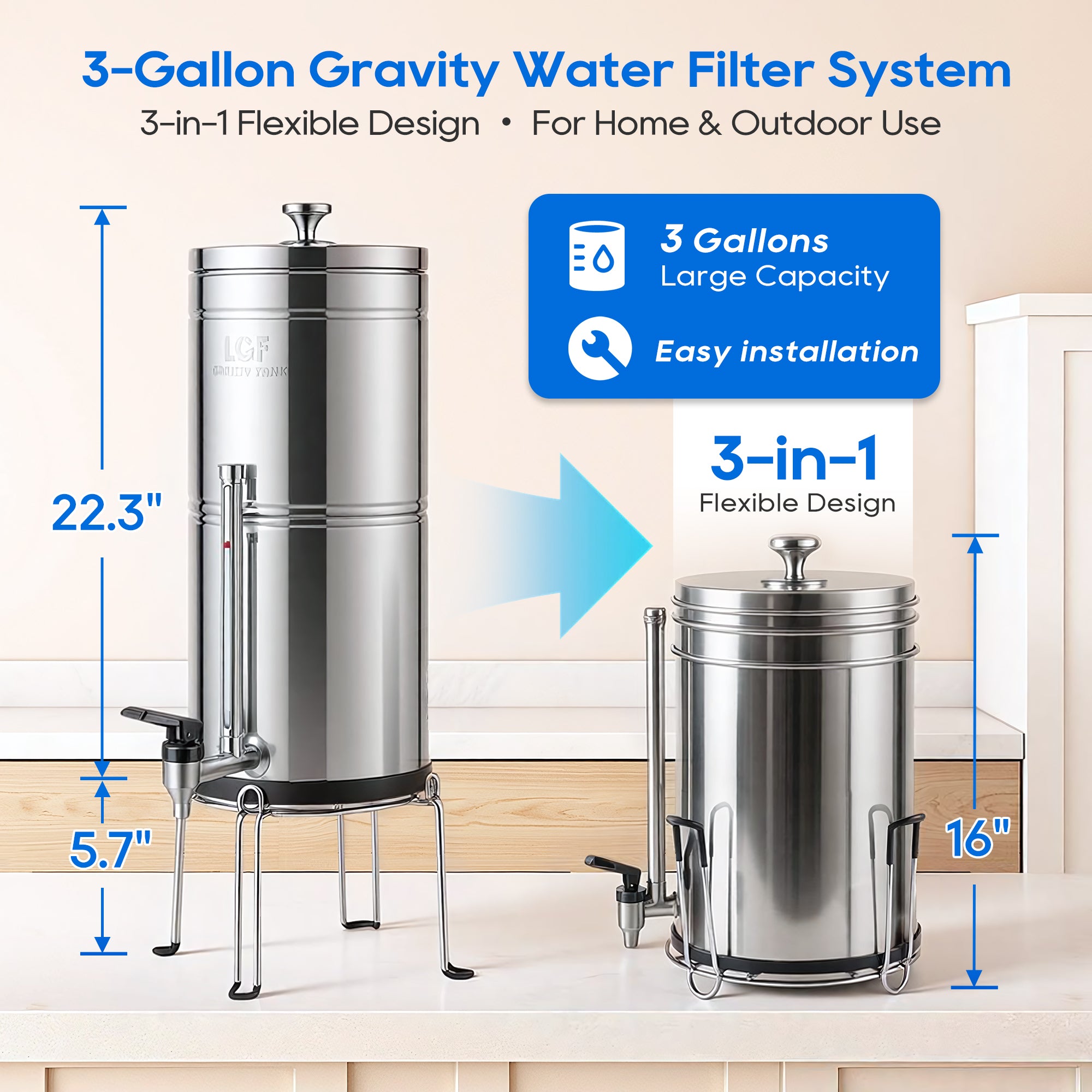LCF Gravity Water Filter System, 3 Gallon Stainless Steel Countertop Water Purifier with 6 Filters, Stand & Water Level Spigot
