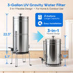LCF UV Gravity Water Filter System, 3 Gallon Stainless Steel Countertop Purifier with Built-In UV-C, 6 Filters, Stand & Water Level Spigot